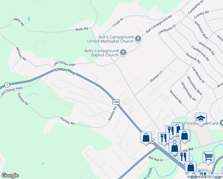 map of restaurants, bars, coffee shops, grocery stores, and more near 7830 Clinton Highway in Powell