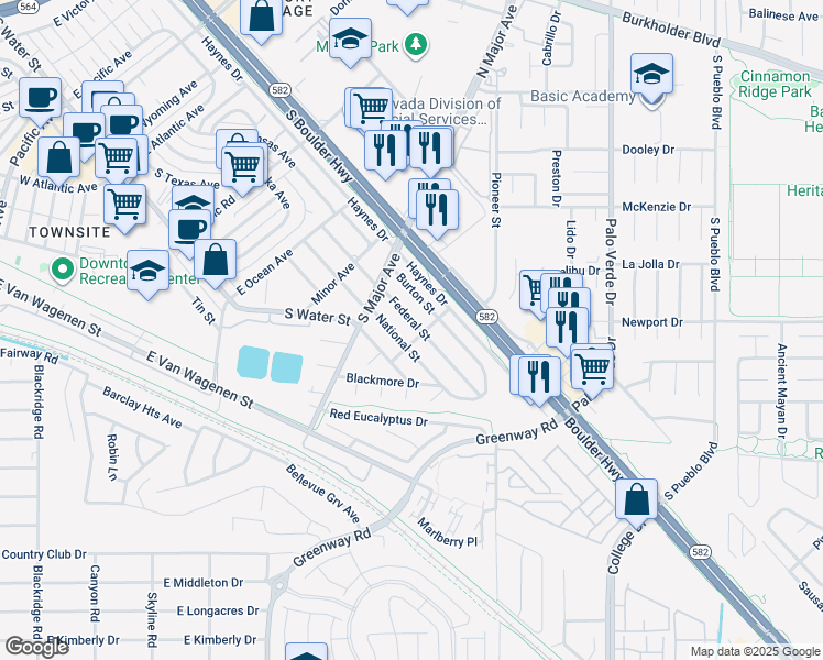 map of restaurants, bars, coffee shops, grocery stores, and more near 572 Federal Street in Henderson