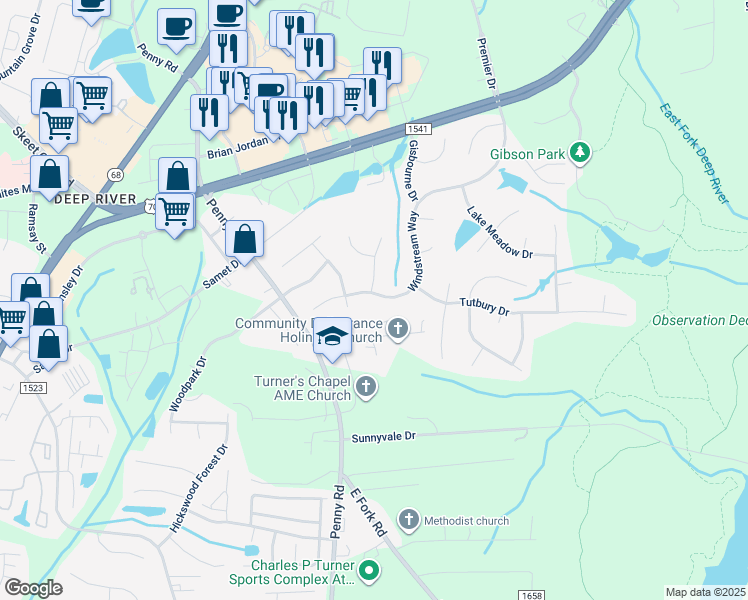 map of restaurants, bars, coffee shops, grocery stores, and more near 3776 Windstream Way in Jamestown