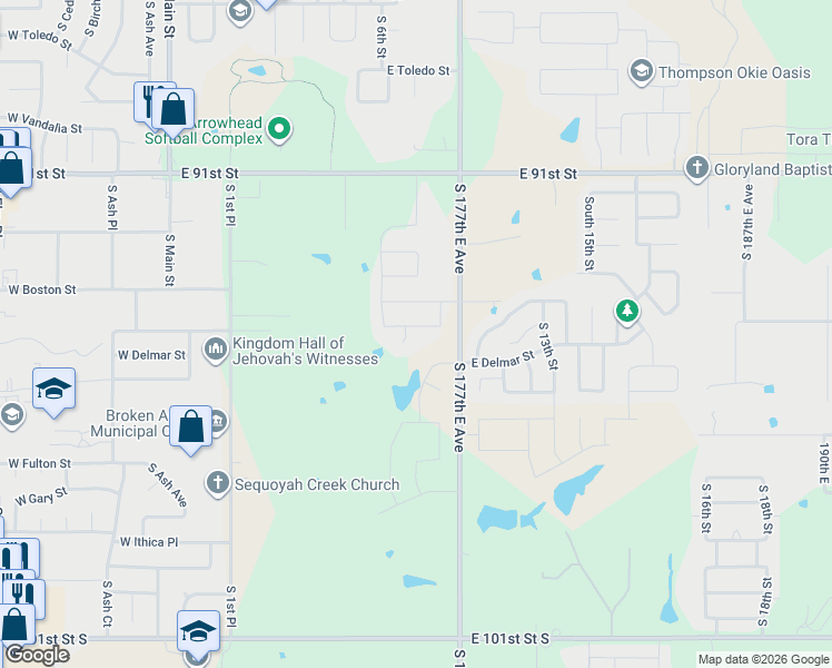 map of restaurants, bars, coffee shops, grocery stores, and more near 723 East Edgewater Place in Broken Arrow