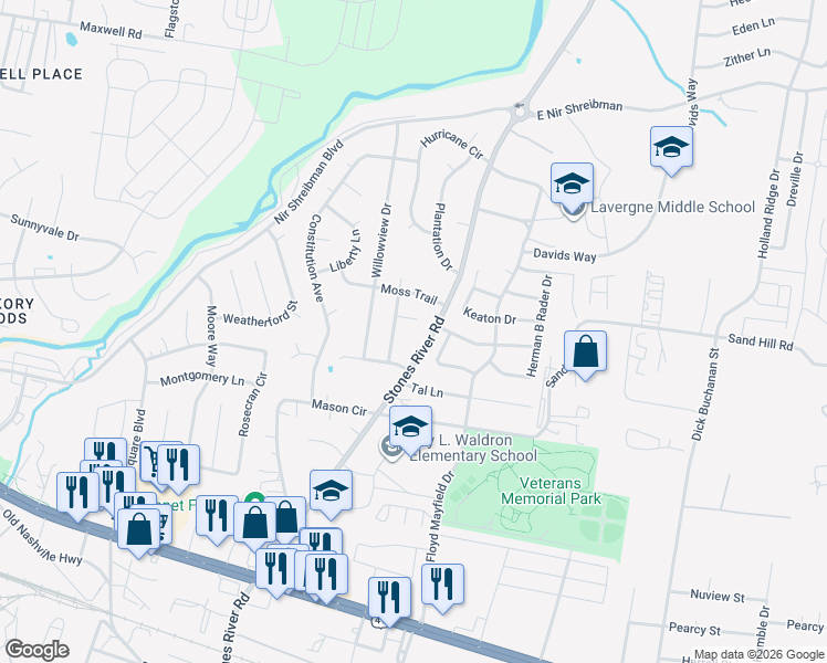 map of restaurants, bars, coffee shops, grocery stores, and more near 1117 Cricket Street in La Vergne