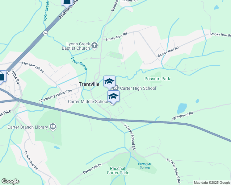 map of restaurants, bars, coffee shops, grocery stores, and more near 210 North Carter School Road in Strawberry Plains