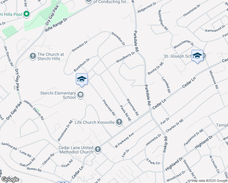 map of restaurants, bars, coffee shops, grocery stores, and more near 5608 Paula Road Northeast in Knoxville