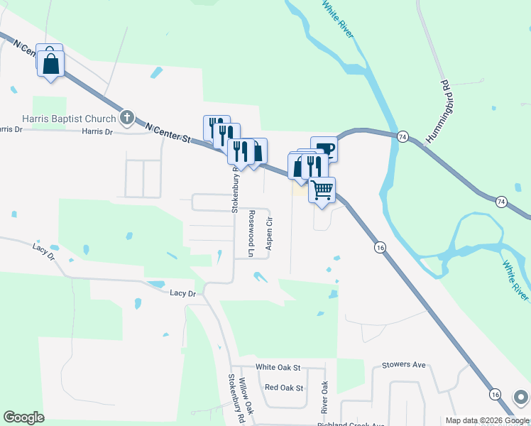 map of restaurants, bars, coffee shops, grocery stores, and more near 1491 Aspen Circle in Elkins
