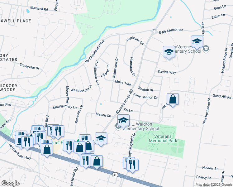 map of restaurants, bars, coffee shops, grocery stores, and more near 610 Willowview Drive in La Vergne