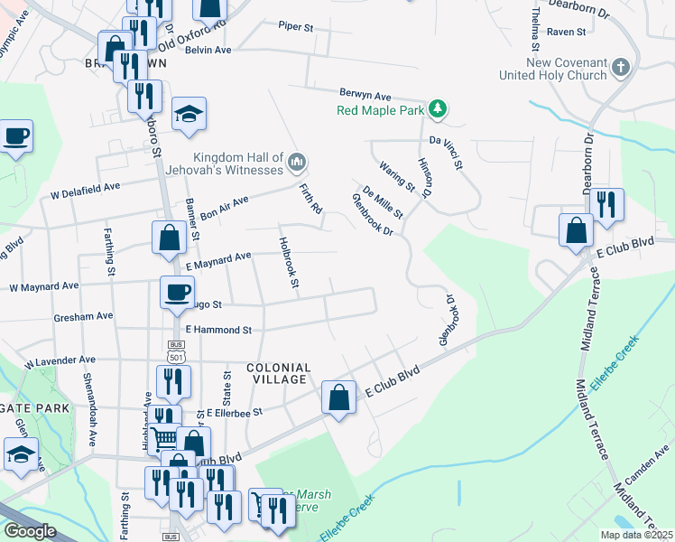 map of restaurants, bars, coffee shops, grocery stores, and more near 2810 Dominion Street in Durham
