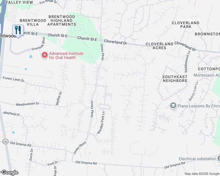 map of restaurants, bars, coffee shops, grocery stores, and more near 9258 Wardley Park Lane in Brentwood