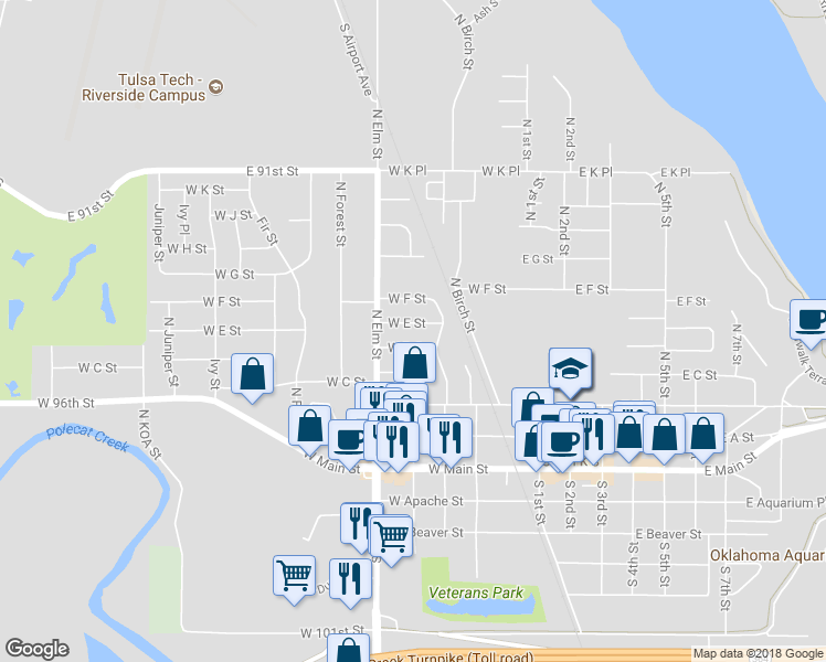 map of restaurants, bars, coffee shops, grocery stores, and more near 512 West E Street in Jenks