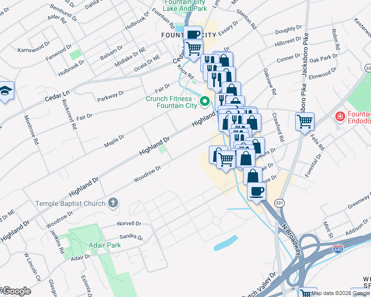 map of restaurants, bars, coffee shops, grocery stores, and more near 2533 Woodrow Drive in Knoxville
