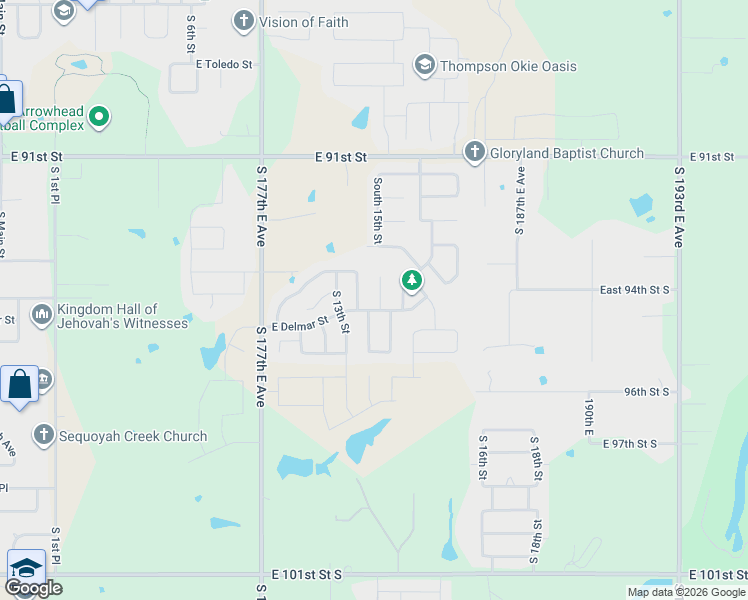 map of restaurants, bars, coffee shops, grocery stores, and more near 2508 South 15th Street in Broken Arrow