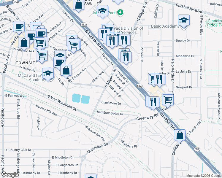 map of restaurants, bars, coffee shops, grocery stores, and more near 540 National Street in Henderson