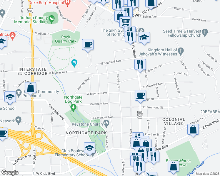 map of restaurants, bars, coffee shops, grocery stores, and more near 2806 Shenandoah Avenue in Durham