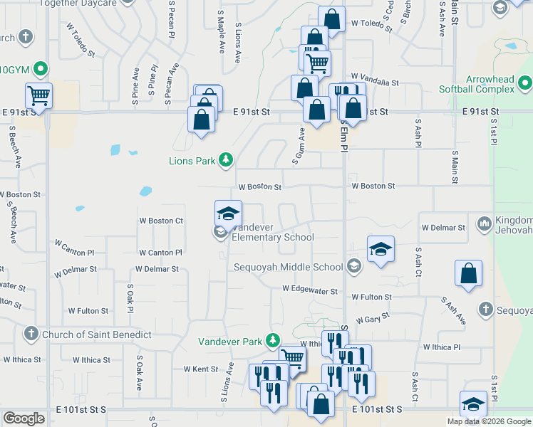 map of restaurants, bars, coffee shops, grocery stores, and more near 2209 South Juniper Avenue in Broken Arrow