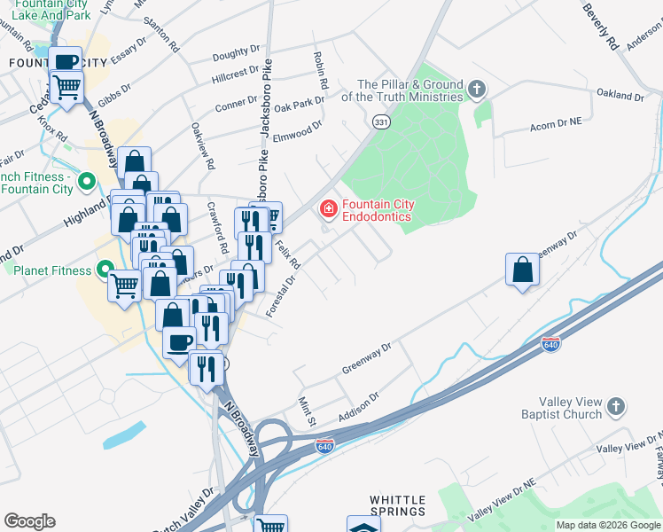 map of restaurants, bars, coffee shops, grocery stores, and more near 4746 Forest Landing Way in Knoxville