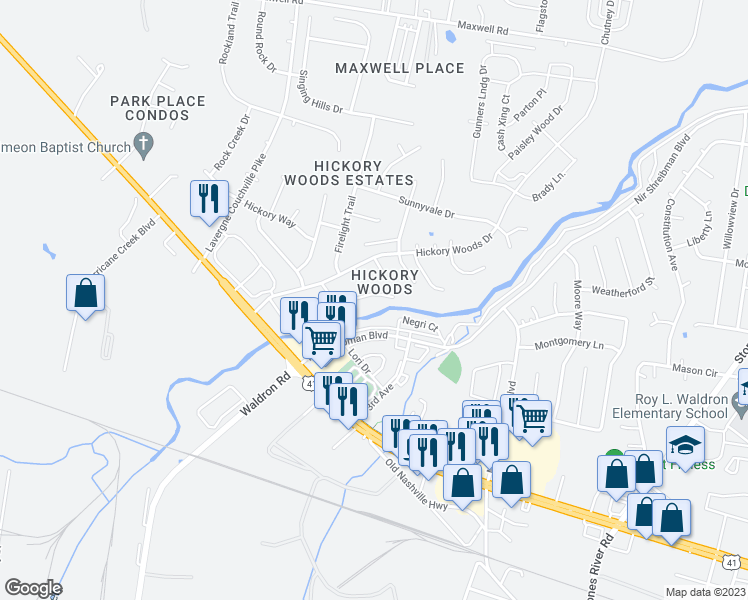 map of restaurants, bars, coffee shops, grocery stores, and more near 5148 Brookstone Court in Nashville