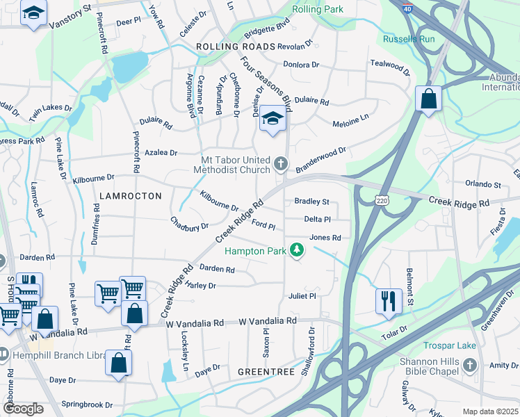map of restaurants, bars, coffee shops, grocery stores, and more near 3115 Creek Ridge Road in Greensboro