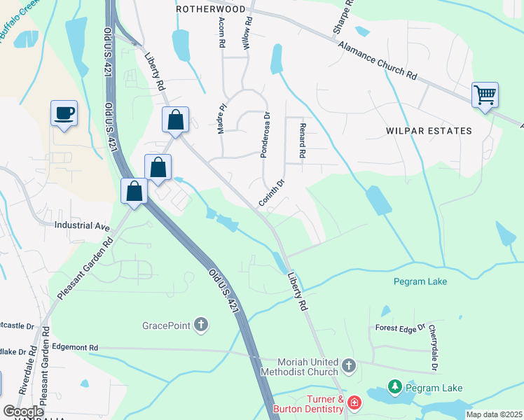 map of restaurants, bars, coffee shops, grocery stores, and more near 2609 Corinth Drive in Greensboro