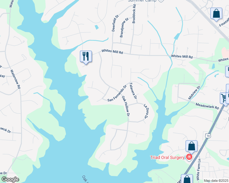 map of restaurants, bars, coffee shops, grocery stores, and more near 4405 Oak Hollow Drive in High Point