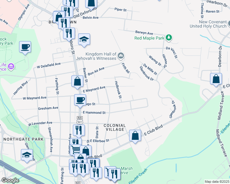 map of restaurants, bars, coffee shops, grocery stores, and more near 2817 Holbrook Street in Durham