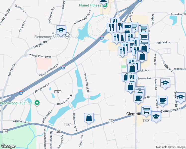 map of restaurants, bars, coffee shops, grocery stores, and more near 6645 Springfield Drive in Clemmons