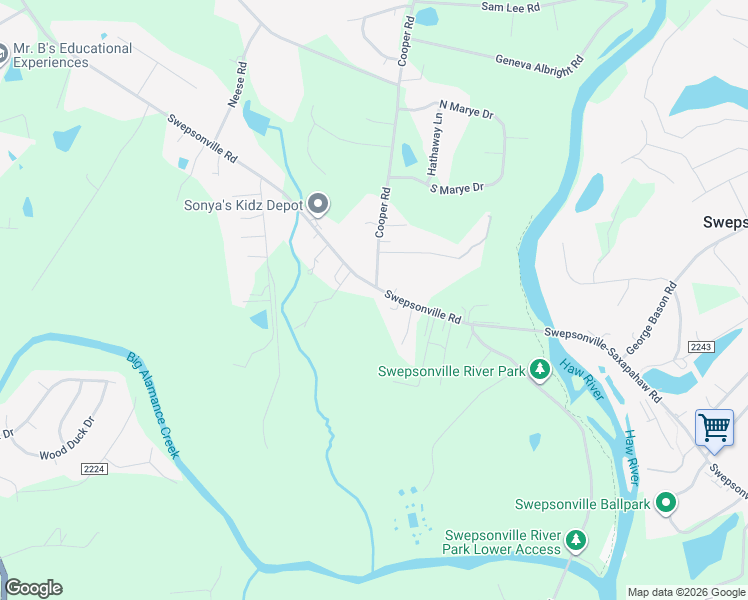 map of restaurants, bars, coffee shops, grocery stores, and more near 2275 Swepsonville Road in Graham