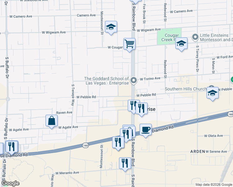 map of restaurants, bars, coffee shops, grocery stores, and more near 7030 West Pebble Road in Las Vegas