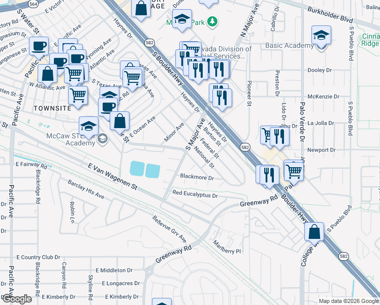 map of restaurants, bars, coffee shops, grocery stores, and more near 540 National Street in Henderson