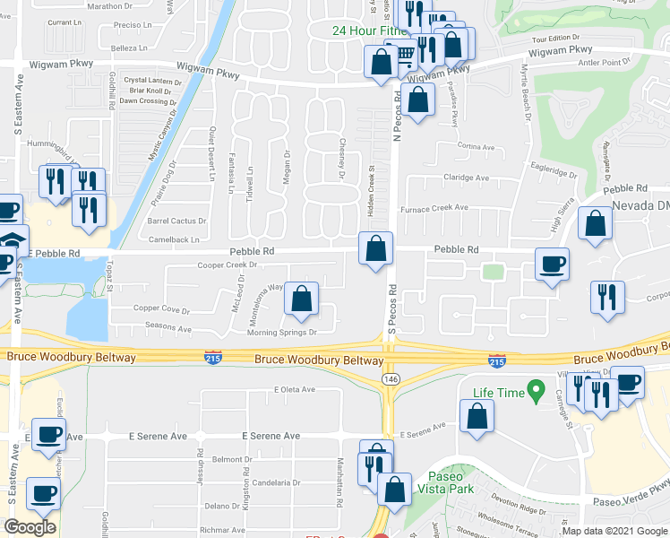map of restaurants, bars, coffee shops, grocery stores, and more near 8925 South Pecos Road in Henderson