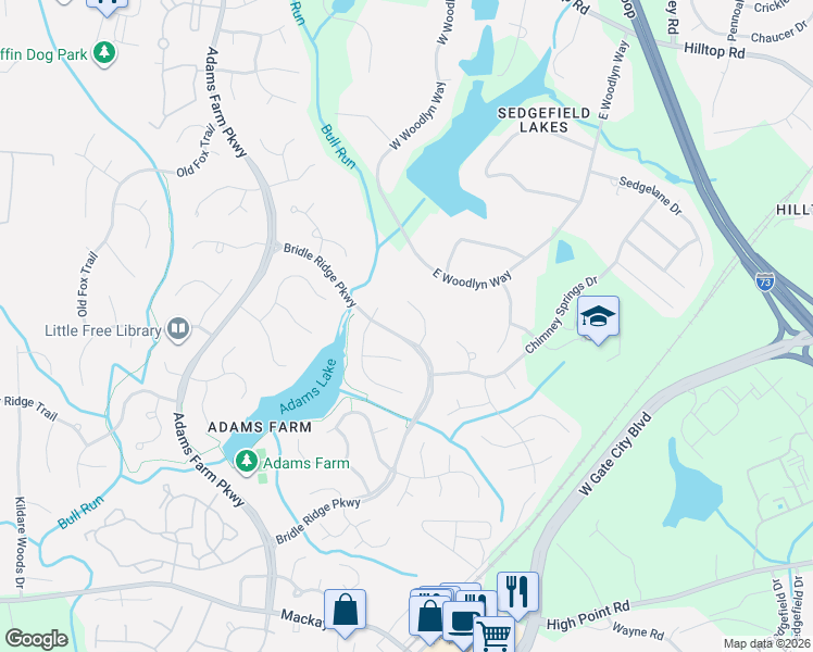 map of restaurants, bars, coffee shops, grocery stores, and more near 5 Highgate Court in Greensboro