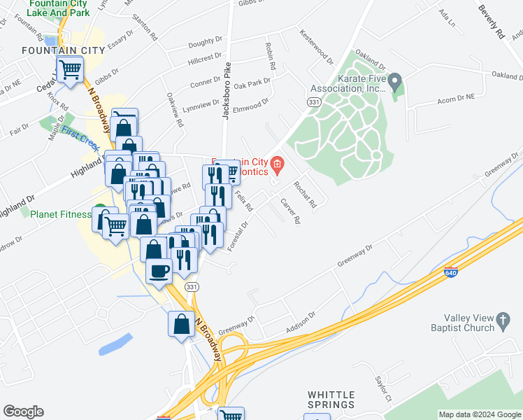 map of restaurants, bars, coffee shops, grocery stores, and more near 133 Felix Road in Knoxville