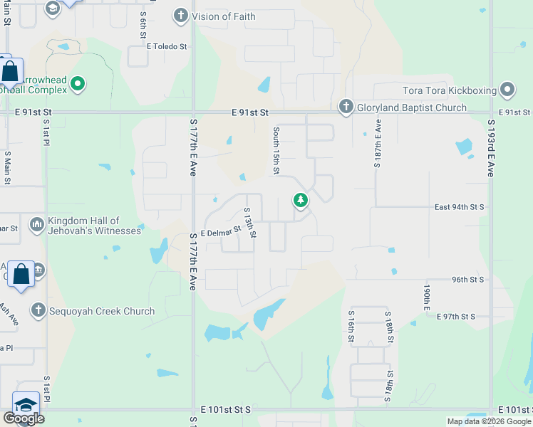 map of restaurants, bars, coffee shops, grocery stores, and more near 2508 South 15th Street in Broken Arrow