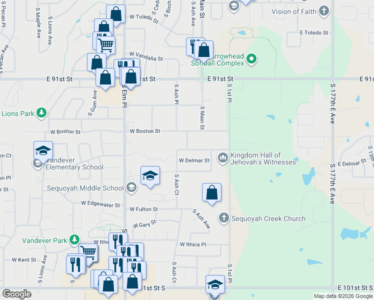 map of restaurants, bars, coffee shops, grocery stores, and more near 205 West Canton Street in Broken Arrow