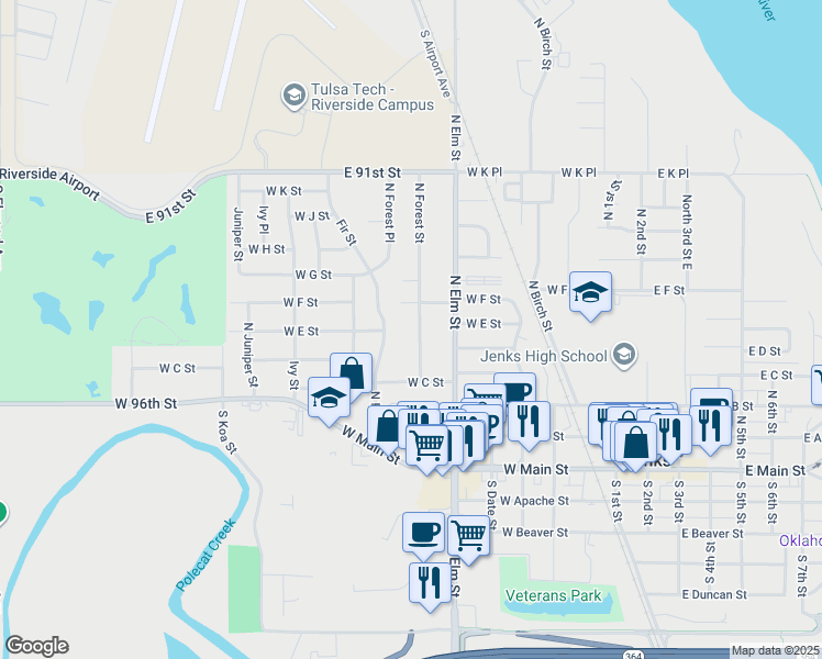 map of restaurants, bars, coffee shops, grocery stores, and more near 446 North Forest Street in Jenks