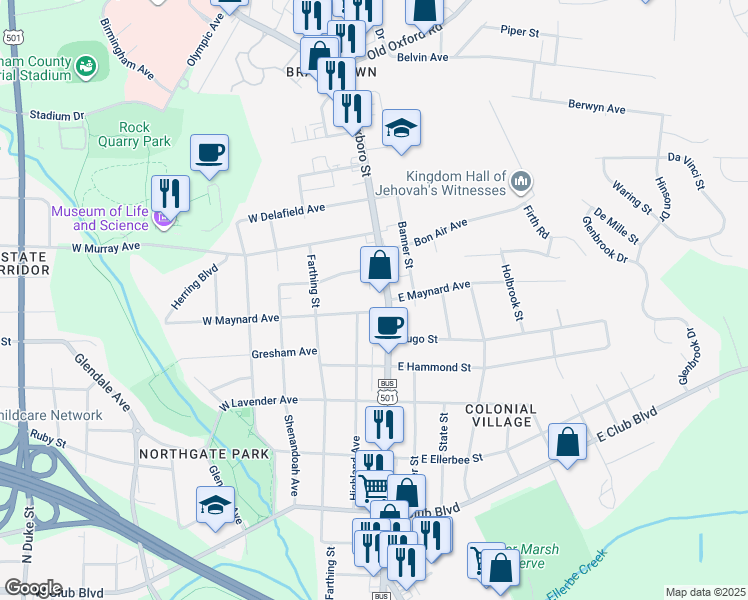 map of restaurants, bars, coffee shops, grocery stores, and more near 205 East Maynard Avenue in Durham