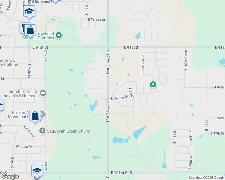 map of restaurants, bars, coffee shops, grocery stores, and more near 2416 South 10th Street in Broken Arrow