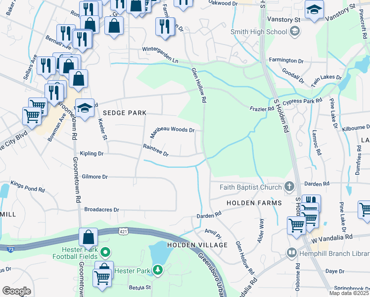 map of restaurants, bars, coffee shops, grocery stores, and more near 9 Raintree Court in Greensboro