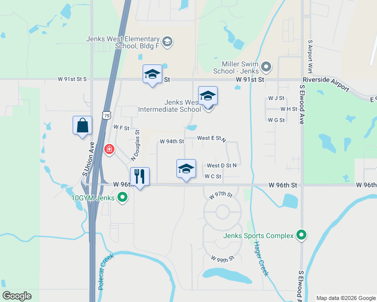 map of restaurants, bars, coffee shops, grocery stores, and more near 518 North Willow Court West in Jenks
