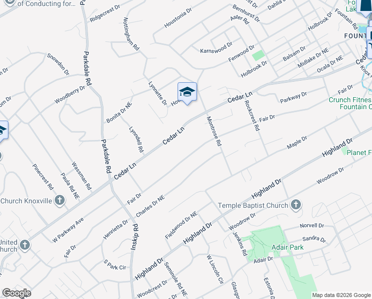 map of restaurants, bars, coffee shops, grocery stores, and more near 1739 Fair Drive in Knoxville