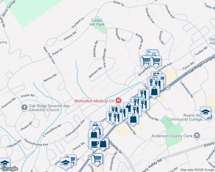 map of restaurants, bars, coffee shops, grocery stores, and more near 105 West Magnolia Lane in Oak Ridge