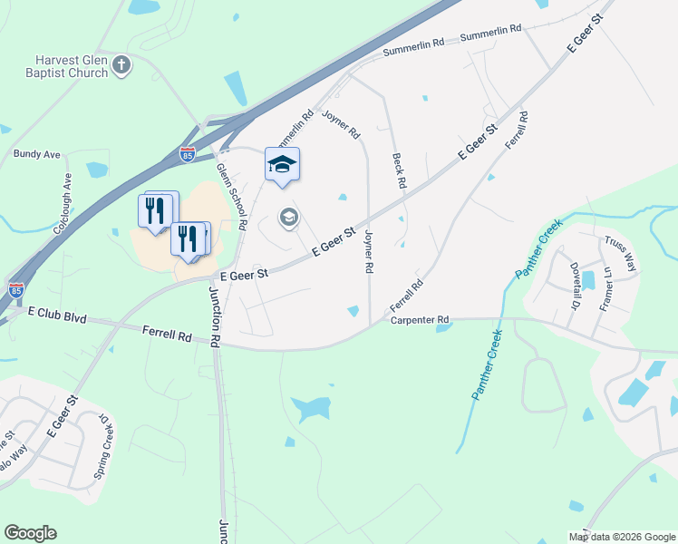 map of restaurants, bars, coffee shops, grocery stores, and more near 2418 East Geer Street in Durham