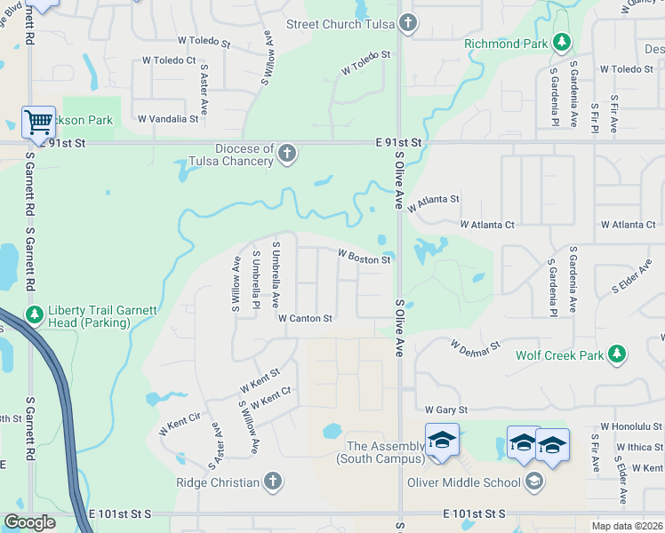 map of restaurants, bars, coffee shops, grocery stores, and more near 2410 South Redwood Place in Broken Arrow