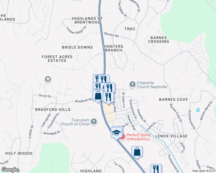 map of restaurants, bars, coffee shops, grocery stores, and more near 7419 Lords Chapel Drive in Nashville