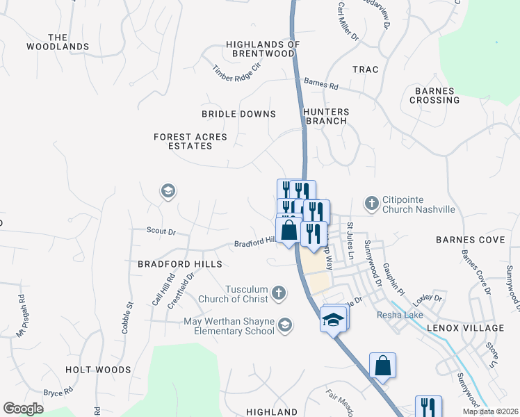 map of restaurants, bars, coffee shops, grocery stores, and more near 228 Burgandy Hill Road in Nashville