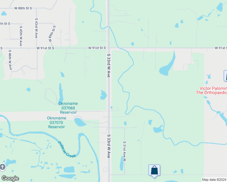 map of restaurants, bars, coffee shops, grocery stores, and more near 9425 South 33rd West Avenue in Tulsa