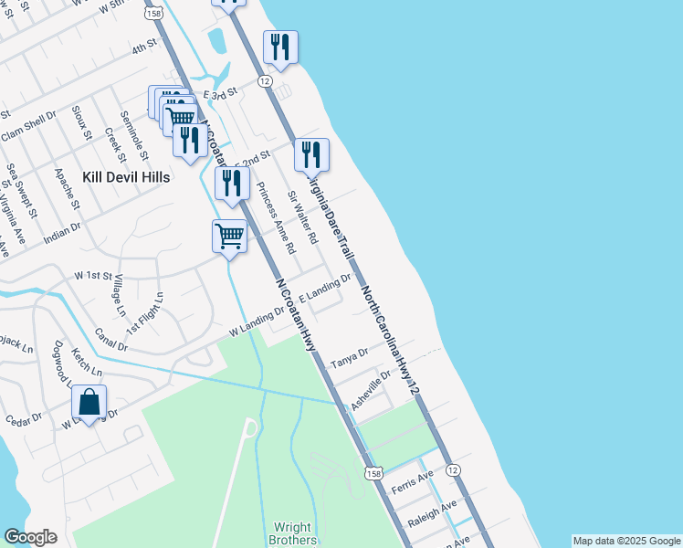 map of restaurants, bars, coffee shops, grocery stores, and more near 202 East Landing Drive in Kill Devil Hills