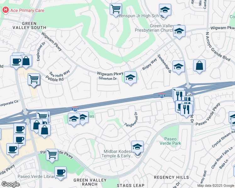 map of restaurants, bars, coffee shops, grocery stores, and more near 5 Tarryall Terrace in Henderson