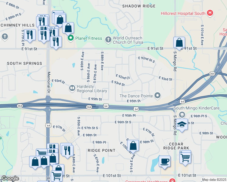 map of restaurants, bars, coffee shops, grocery stores, and more near 9330 S 89th E Ave in Tulsa