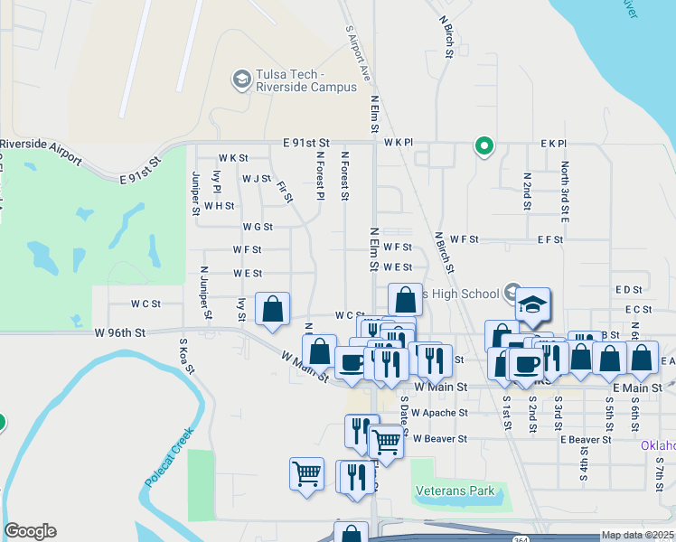map of restaurants, bars, coffee shops, grocery stores, and more near 446 North Forest Street in Jenks