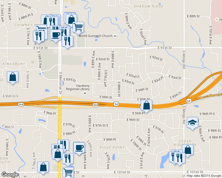 map of restaurants, bars, coffee shops, grocery stores, and more near 9412 S 88th E Ave in Tulsa