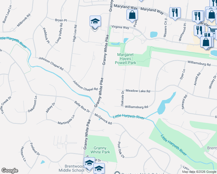 map of restaurants, bars, coffee shops, grocery stores, and more near 320 Granny White Pike in Brentwood